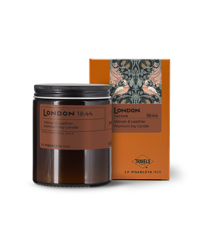 LONDON 18:44 Vetiver & Leather - Świeca sojowa premium - Kolekcja Travels