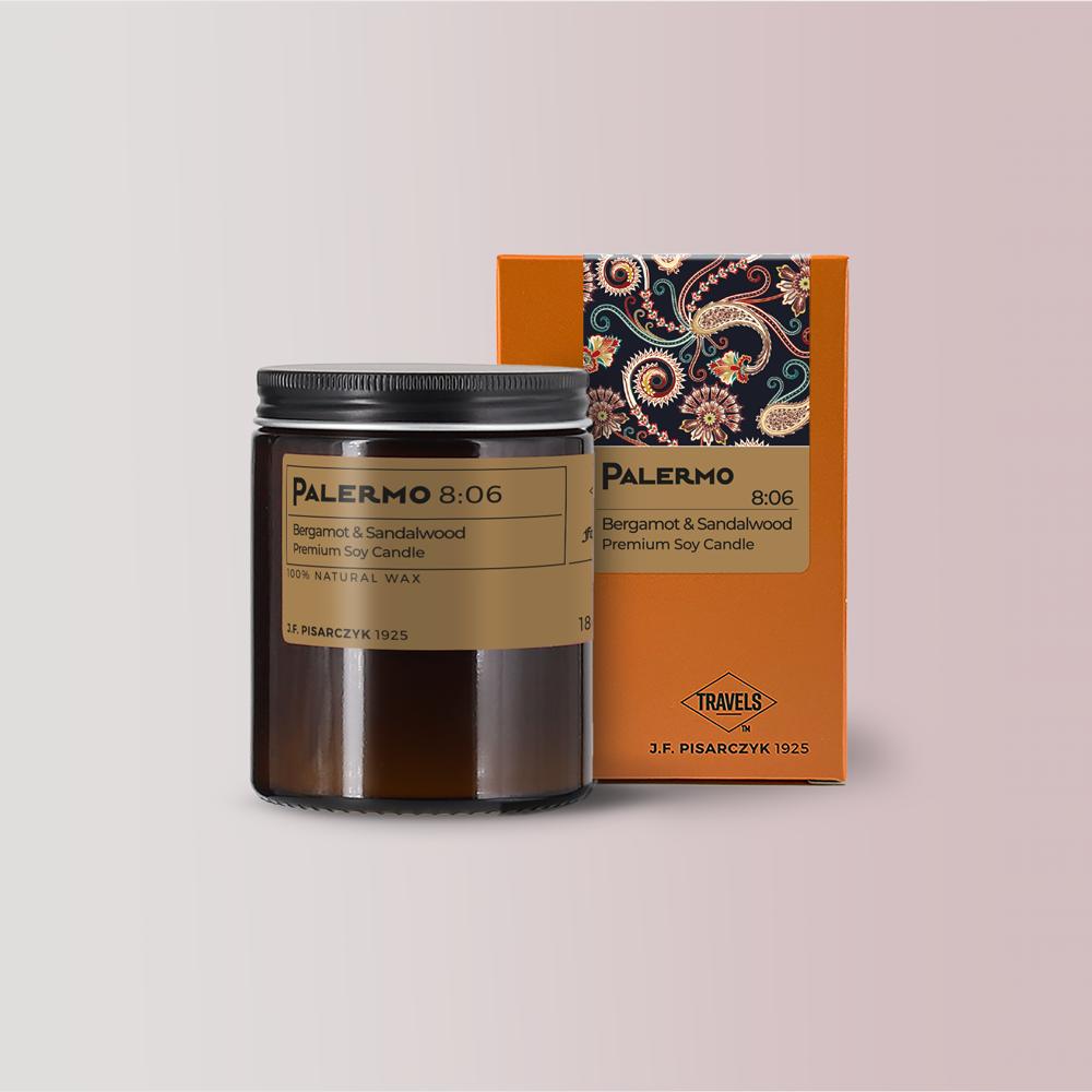 PALERMO 8:06 Bergamot & Sandalwood - Świeca sojowa premium - Kolekcja Travels