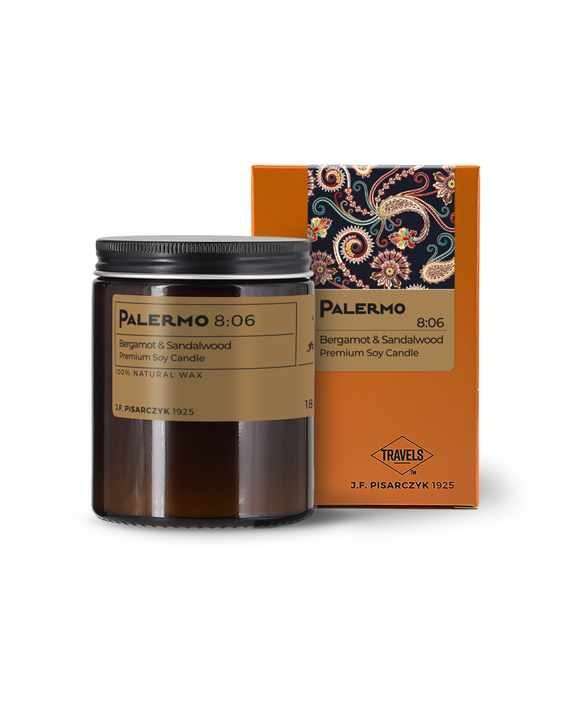 PALERMO 8:06 Bergamot & Sandalwood - Świeca sojowa premium - Kolekcja Travels