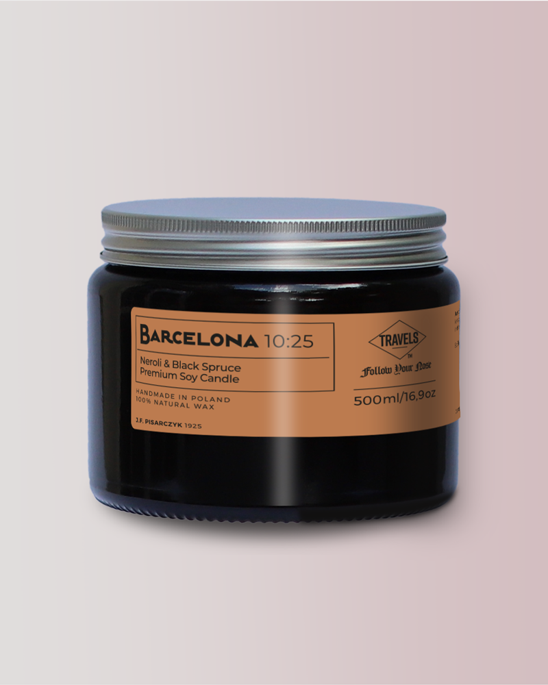 BARCELONA 10:25 Neroli & Black Spruce - Świeca sojowa premium - Kolekcja Travels