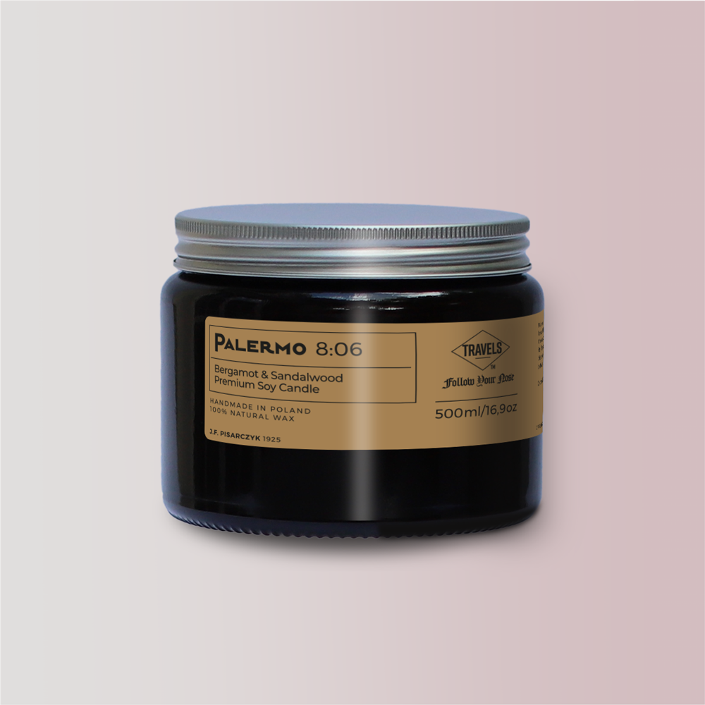PALERMO 8:06 Bergamot & Sandalwood - Świeca sojowa premium - Kolekcja Travels