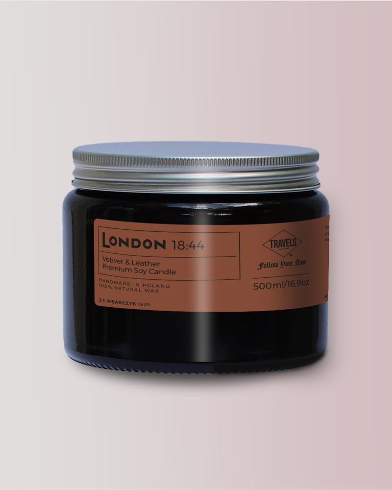 LONDON 18:44 Vetiver & Leather - Świeca sojowa premium - Kolekcja Travels